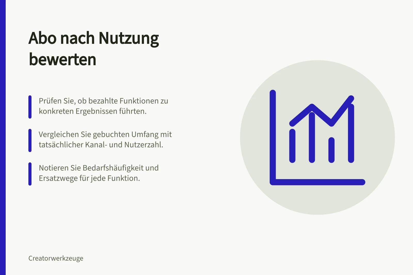 Abo nach Nutzung bewerten: Prüfen Sie, ob bezahlte Funktionen zu konkreten Ergebnissen führten.; Vergleichen Sie gebuchten Umfang mit tatsächlicher Kanal- und Nutzerzahl.; Notieren Sie Bedarfshäufigkeit und Ersatzwege für jede Funktion.