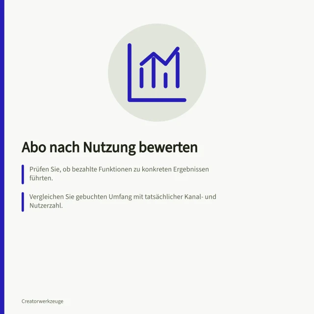Abo nach Nutzung bewerten: Prüfen Sie, ob bezahlte Funktionen zu konkreten Ergebnissen führten.; Vergleichen Sie gebuchten Umfang mit tatsächlicher Kanal- und Nutzerzahl.; Notieren Sie Bedarfshäufigkeit und Ersatzwege für jede Funktion. Abos nach tatsächlicher Nutzung bewerten
