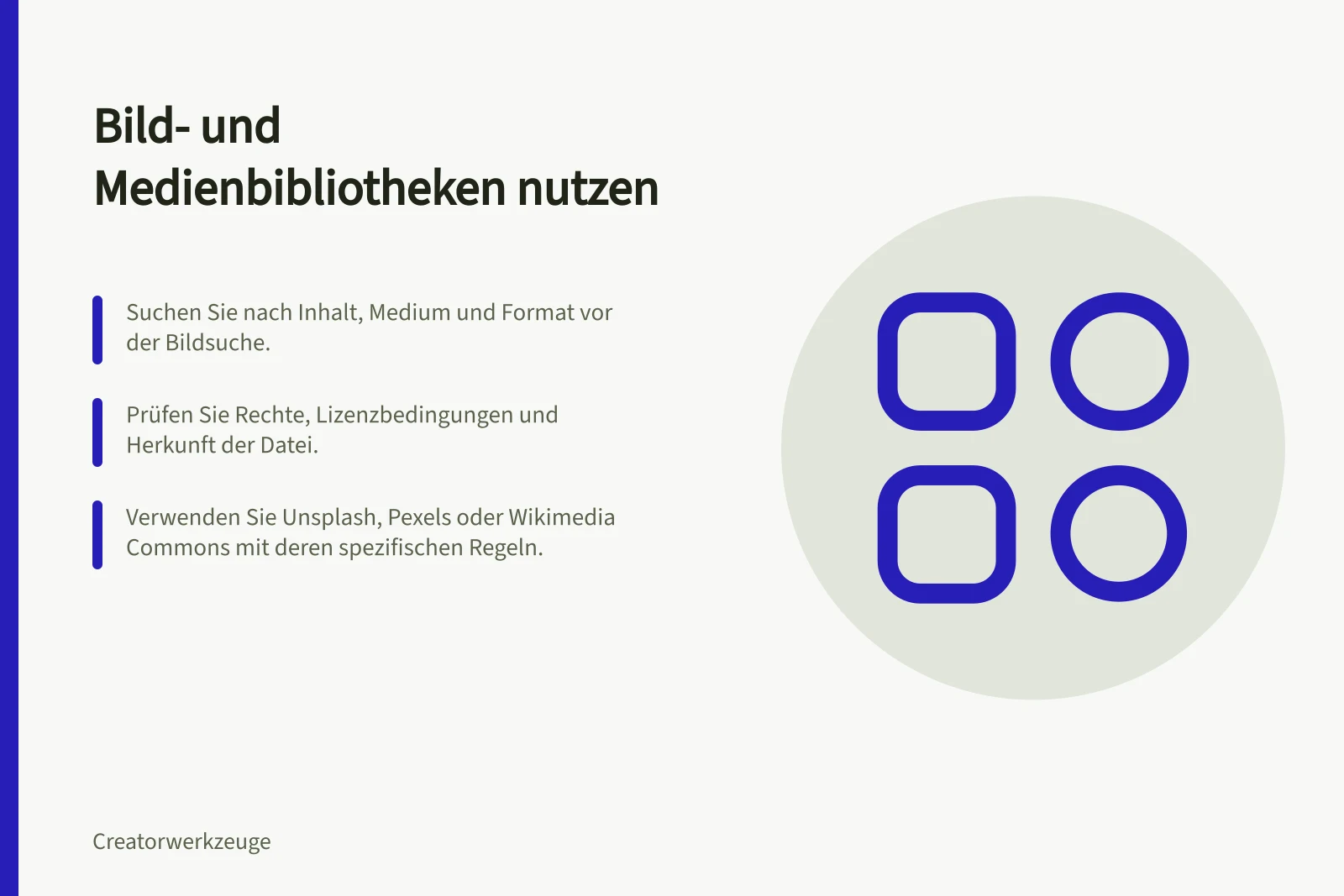 Bild- und Medienbibliotheken nutzen: Suchen Sie nach Inhalt, Medium und Format vor der Bildsuche.; Prüfen Sie Rechte, Lizenzbedingungen und Herkunft der Datei.; Verwenden Sie Unsplash, Pexels oder Wikimedia Commons mit deren spezifischen Regeln.