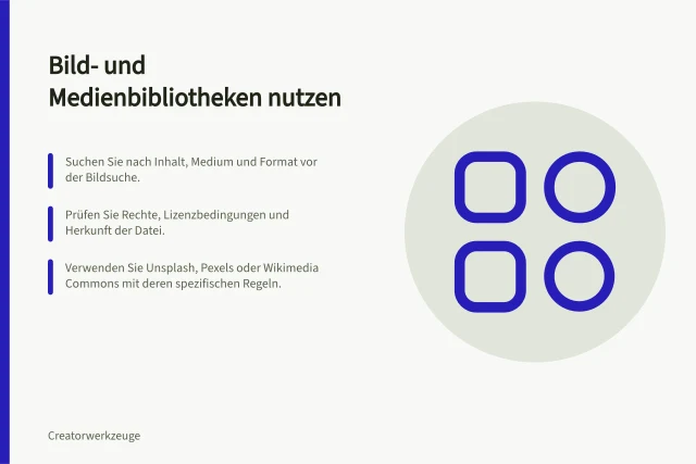 Bild- und Medienbibliotheken nutzen: Suchen Sie nach Inhalt, Medium und Format vor der Bildsuche.; Prüfen Sie Rechte, Lizenzbedingungen und Herkunft der Datei.; Verwenden Sie Unsplash, Pexels oder Wikimedia Commons mit deren spezifischen Regeln. Bild- und Medienbibliotheken