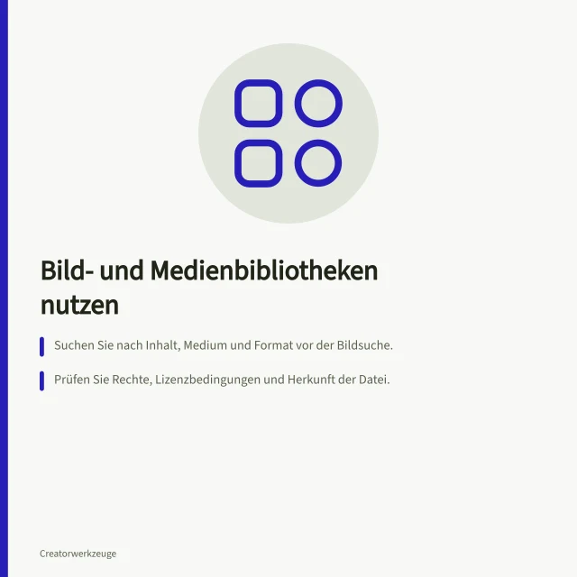 Bild- und Medienbibliotheken nutzen: Suchen Sie nach Inhalt, Medium und Format vor der Bildsuche.; Prüfen Sie Rechte, Lizenzbedingungen und Herkunft der Datei.; Verwenden Sie Unsplash, Pexels oder Wikimedia Commons mit deren spezifischen Regeln. Bild- und Medienbibliotheken