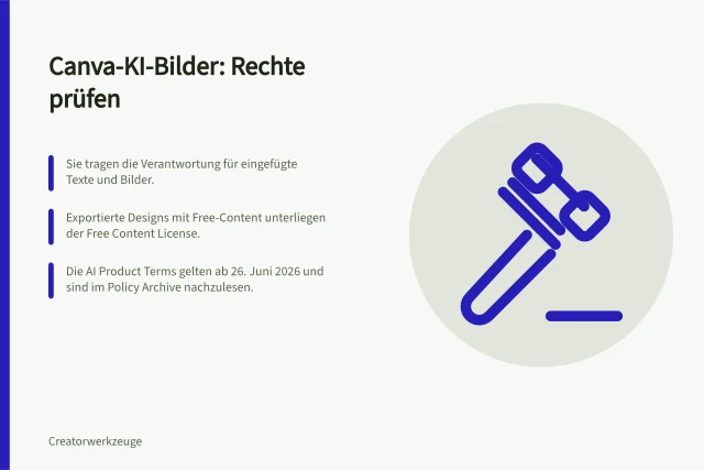 Canva-KI-Bilder: Rechte prüfen: Sie tragen die Verantwortung für eingefügte Texte und Bilder.; Exportierte Designs mit Free-Content unterliegen der Free Content License.; Die AI Product Terms gelten ab 26. Juni 2026 und sind im Policy Archive nachzulesen. Canva-KI-Bildrechte und Nutzungsbedingungen kontrollieren