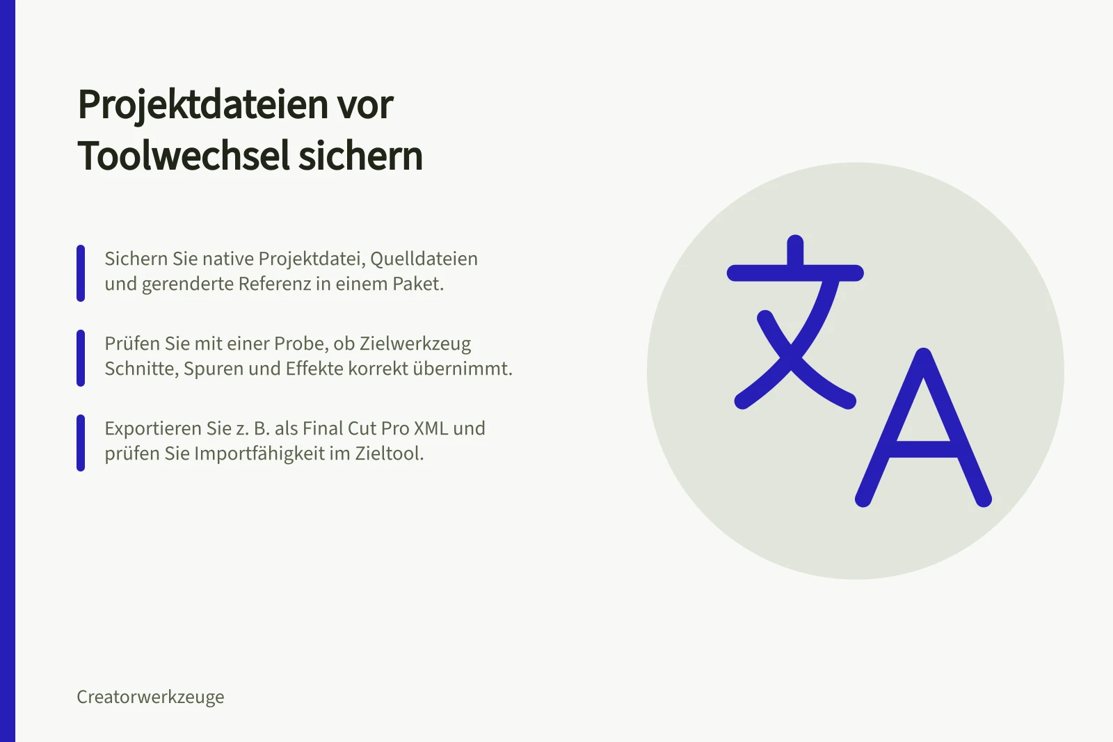 Projektdateien vor Toolwechsel sichern: Sichern Sie native Projektdatei, Quelldateien und gerenderte Referenz in einem Paket.; Prüfen Sie mit einer Probe, ob Zielwerkzeug Schnitte, Spuren und Effekte korrekt übernimmt.; Exportieren Sie z. B. als Final Cut Pro XML und prüfen Sie Importfähigkeit im Zieltool.