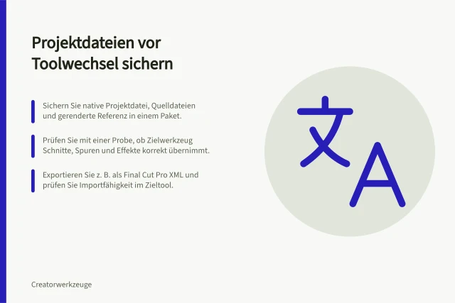 Projektdateien vor Toolwechsel sichern: Sichern Sie native Projektdatei, Quelldateien und gerenderte Referenz in einem Paket.; Prüfen Sie mit einer Probe, ob Zielwerkzeug Schnitte, Spuren und Effekte korrekt übernimmt.; Exportieren Sie z. B. als Final Cut Pro XML und prüfen Sie Importfähigkeit im Zieltool. Creator-Projektdateien vor einem Toolwechsel exportieren