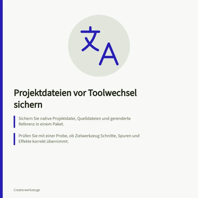 Projektdateien vor Toolwechsel sichern: Sichern Sie native Projektdatei, Quelldateien und gerenderte Referenz in einem Paket.; Prüfen Sie mit einer Probe, ob Zielwerkzeug Schnitte, Spuren und Effekte korrekt übernimmt.; Exportieren Sie z. B. als Final Cut Pro XML und prüfen Sie Importfähigkeit im Zieltool. Creator-Projektdateien vor einem Toolwechsel exportieren