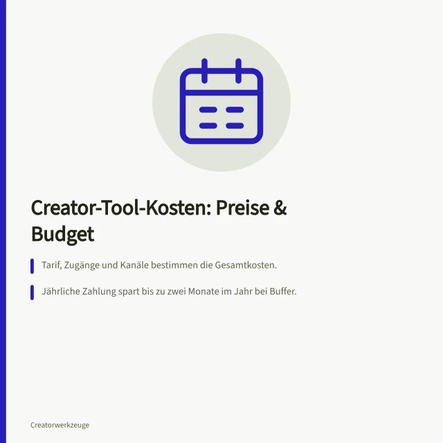 Creator-Tool-Kosten: Preise & Budget: Tarif, Zugänge und Kanäle bestimmen die Gesamtkosten.; Jährliche Zahlung spart bis zu zwei Monate im Jahr bei Buffer.; Umsatzsteuer in Deutschland beträgt 19 %, auch bei ausländischen Anbietern (Reverse-Charge). Creator-Tool-Kosten: Preise, Umsatzsteuer und Budget