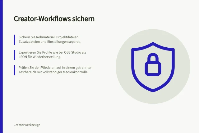 Creator-Workflows sichern: Sichern Sie Rohmaterial, Projektdateien, Zusatzdateien und Einstellungen separat.; Exportieren Sie Profile wie bei OBS Studio als JSON für Wiederherstellung.; Prüfen Sie den Wiederanlauf in einem getrennten Testbereich mit vollständiger Medienkontrolle. Creator-Workflows sichern