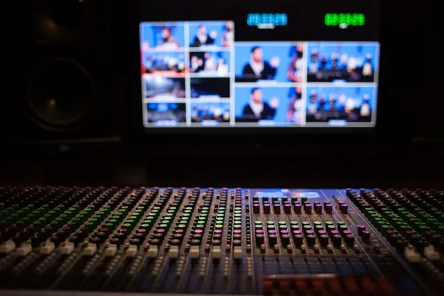 Close-up of a sound mixer with screens displaying video feeds in a professional studio setup. Exportqualität auf unterschiedlichen Geräten vergleichen