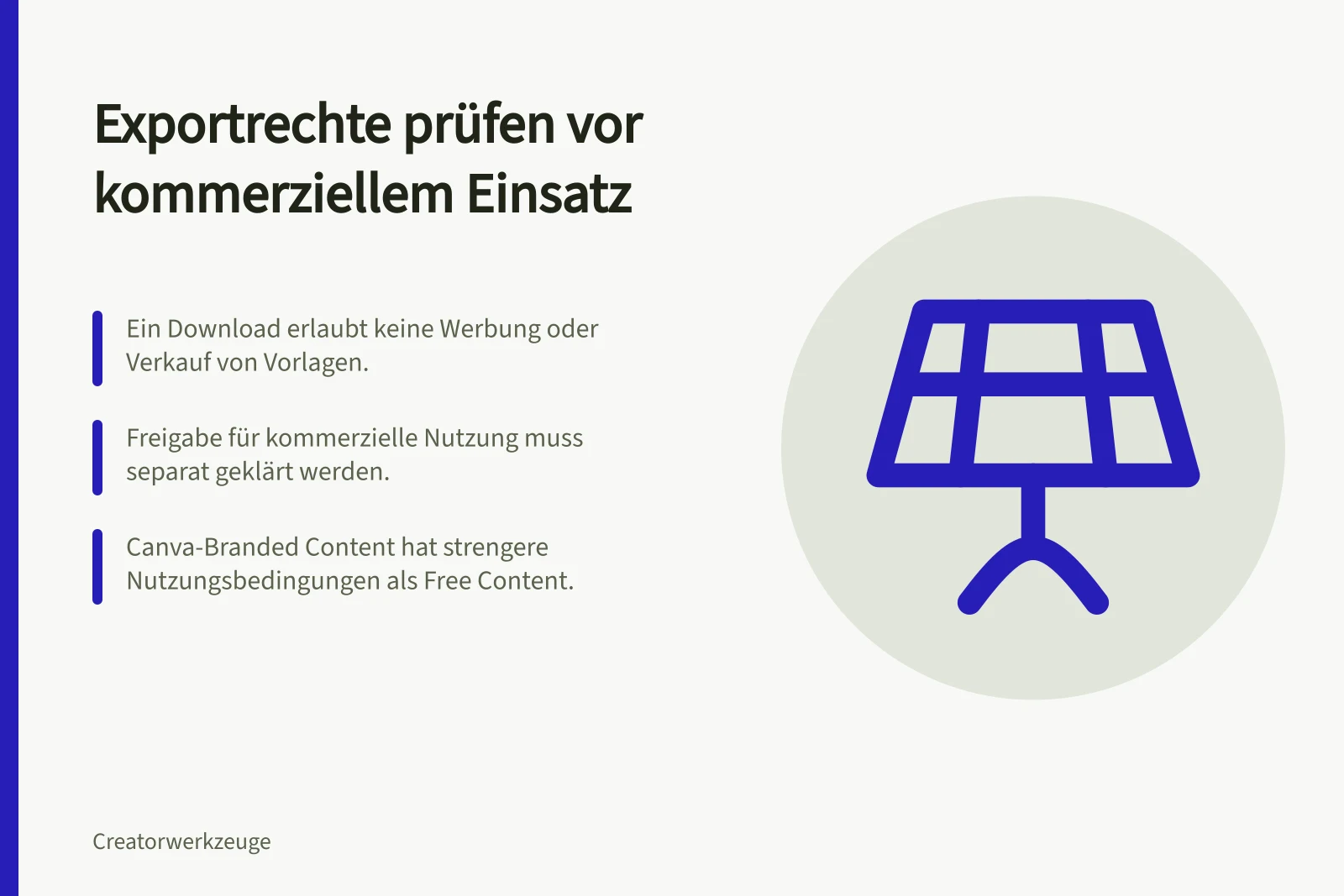 Exportrechte prüfen vor kommerziellem Einsatz: Ein Download erlaubt keine Werbung oder Verkauf von Vorlagen.; Freigabe für kommerzielle Nutzung muss separat geklärt werden.; Canva-Branded Content hat strengere Nutzungsbedingungen als Free Content.
