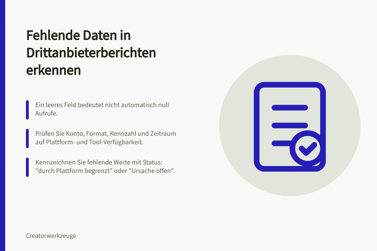 Fehlende Daten in Drittanbieterberichten erkennen: Ein leeres Feld bedeutet nicht automatisch null Aufrufe.; Prüfen Sie Konto, Format, Kennzahl und Zeitraum auf Plattform- und Tool-Verfügbarkeit.; Kennzeichnen Sie fehlende Werte mit Status: "durch Plattform begrenzt" oder "Ursache offen".