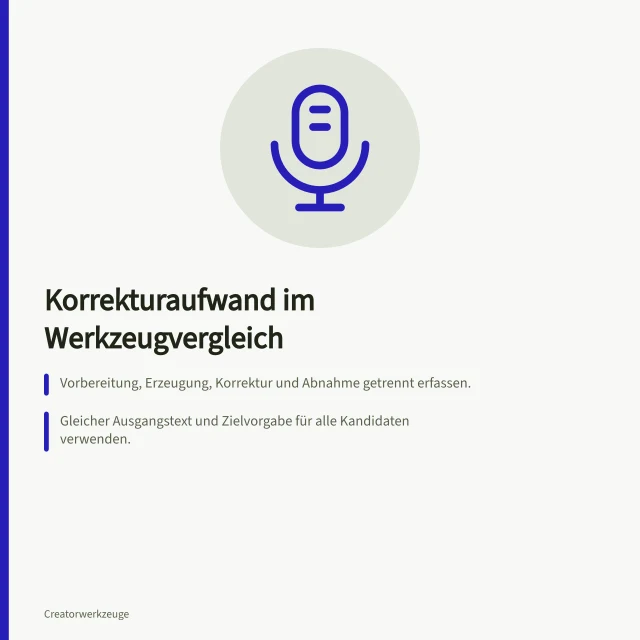 Korrekturaufwand im Werkzeugvergleich: Vorbereitung, Erzeugung, Korrektur und Abnahme getrennt erfassen.; Gleicher Ausgangstext und Zielvorgabe für alle Kandidaten verwenden.; Gesamtzeit = Vorbereitung + Erzeugung + Korrektur + Abnahme. Korrekturaufwand in einen Werkzeugvergleich einrechnen