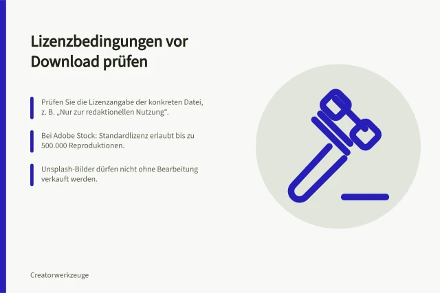 Lizenzbedingungen vor Download prüfen: Prüfen Sie die Lizenzangabe der konkreten Datei, z. B. „Nur zur redaktionellen Nutzung“.; Bei Adobe Stock: Standardlizenz erlaubt bis zu 500.000 Reproduktionen.; Unsplash-Bilder dürfen nicht ohne Bearbeitung verkauft werden. Lizenzbedingungen vor dem Download prüfen