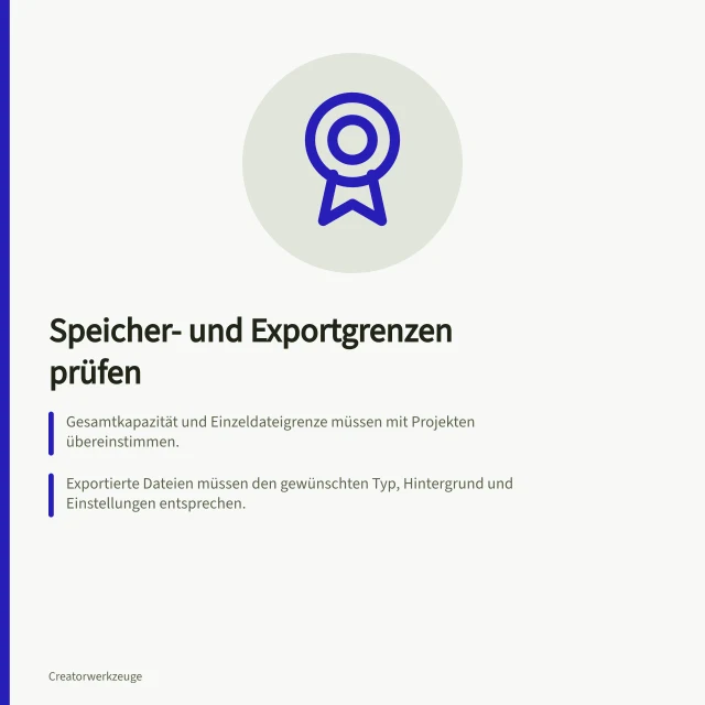 Speicher- und Exportgrenzen prüfen: Gesamtkapazität und Einzeldateigrenze müssen mit Projekten übereinstimmen.; Exportierte Dateien müssen den gewünschten Typ, Hintergrund und Einstellungen entsprechen.; Nach Tarifwechsel bleiben nur bestimmte Entwürfe erreichbar. Speicher- und Exportgrenzen vor einem Kauf prüfen
