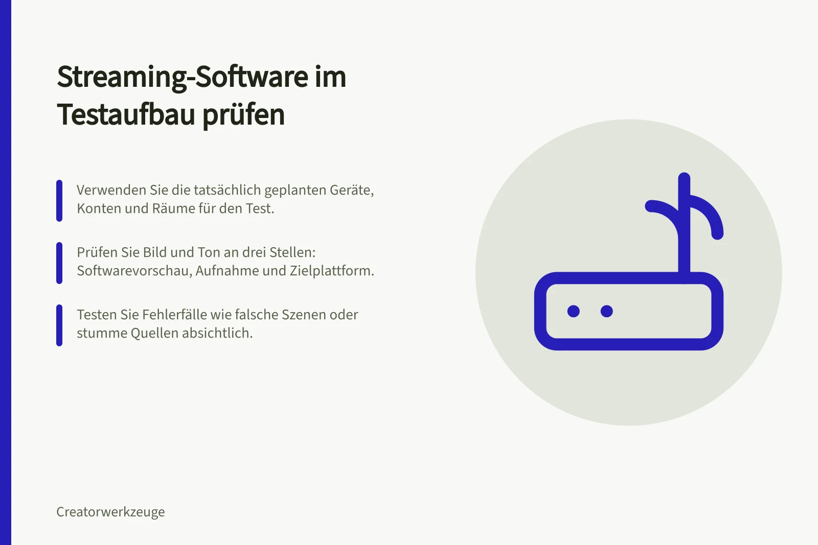 Streaming-Software im Testaufbau prüfen: Verwenden Sie die tatsächlich geplanten Geräte, Konten und Räume für den Test.; Prüfen Sie Bild und Ton an drei Stellen: Softwarevorschau, Aufnahme und Zielplattform.; Testen Sie Fehlerfälle wie falsche Szenen oder stumme Quellen absichtlich.
