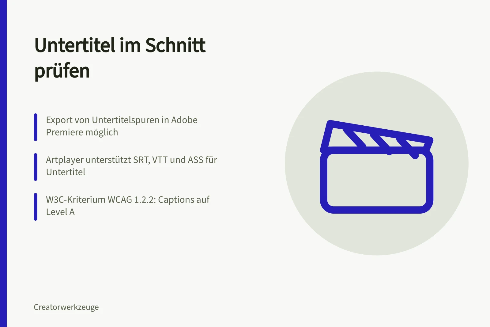 Untertitel im Schnitt prüfen: Export von Untertitelspuren in Adobe Premiere möglich; Artplayer unterstützt SRT, VTT und ASS für Untertitel; W3C-Kriterium WCAG 1.2.2: Captions auf Level A