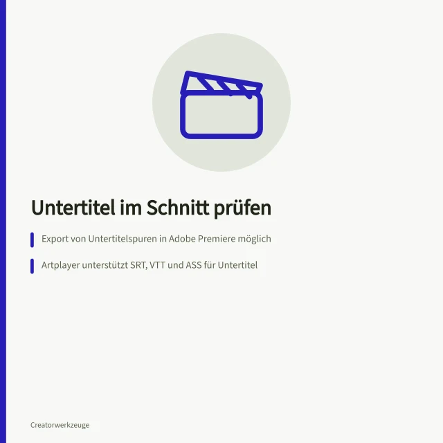 Untertitel im Schnitt prüfen: Export von Untertitelspuren in Adobe Premiere möglich; Artplayer unterstützt SRT, VTT und ASS für Untertitel; W3C-Kriterium WCAG 1.2.2: Captions auf Level A. Untertitel und Textgrafiken im Schnittwerkzeug prüfen