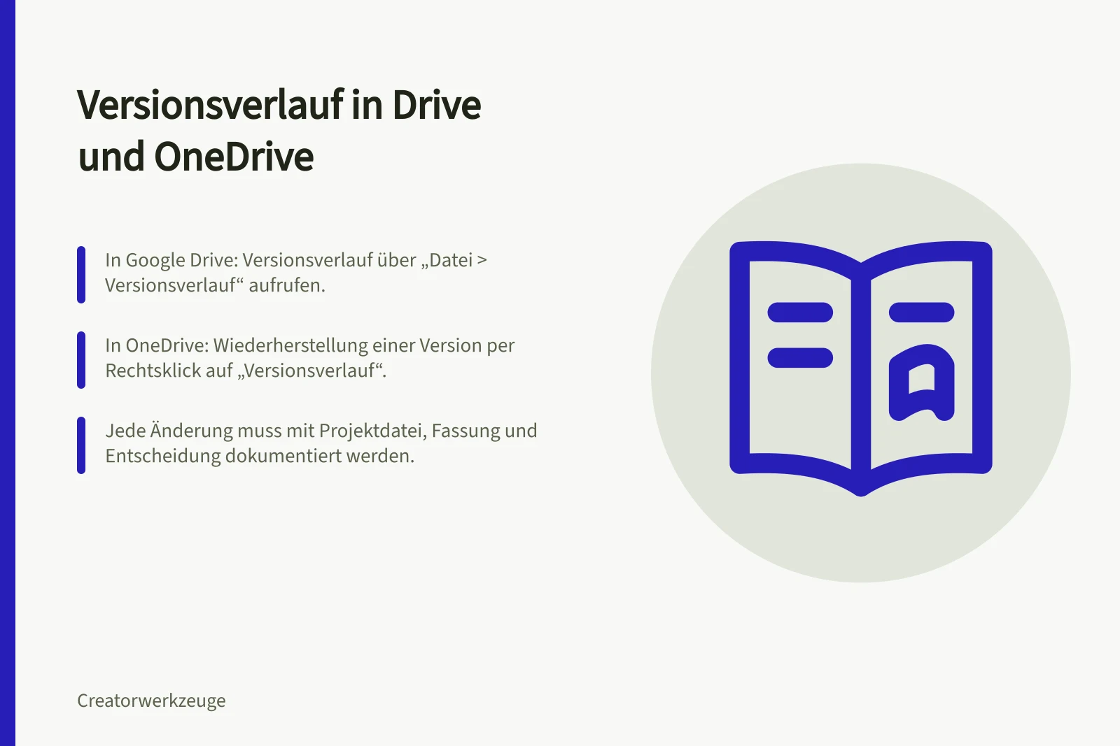 Versionsverlauf in Drive und OneDrive: In Google Drive: Versionsverlauf über „Datei > Versionsverlauf“ aufrufen.; In OneDrive: Wiederherstellung einer Version per Rechtsklick auf „Versionsverlauf“.; Jede Änderung muss mit Projektdatei, Fassung und Entscheidung dokumentiert werden.