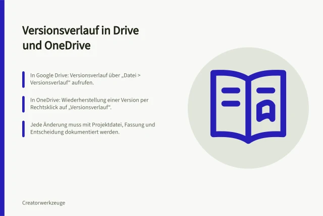 Versionsverlauf in Drive und OneDrive: In Google Drive: Versionsverlauf über „Datei > Versionsverlauf“ aufrufen.; In OneDrive: Wiederherstellung einer Version per Rechtsklick auf „Versionsverlauf“.; Jede Änderung muss mit Projektdatei, Fassung und Entscheidung dokumentiert werden. Versionen von Inhalten in Drive und OneDrive nachvollziehen