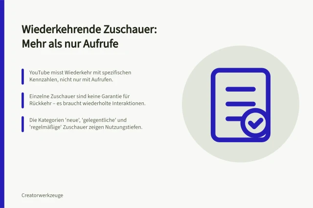 Wiederkehrende Zuschauer: Mehr als nur Aufrufe: YouTube misst Wiederkehr mit spezifischen Kennzahlen, nicht nur mit Aufrufen.; Einzelne Zuschauer sind keine Garantie für Rückkehr – es braucht wiederholte Interaktionen.; Die Kategorien 'neue', 'gelegentliche' und 'regelmäßige' Zuschauer zeigen Nutzungstiefen. Wiederkehrende Zuschauer von bloßer Reichweite unterscheiden